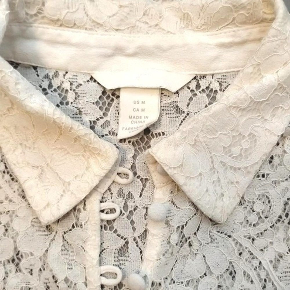 H&M Sheer Floral Lace Button Down Shirt romantic boho long-sleeve preppy clean - Picture 3 of 9